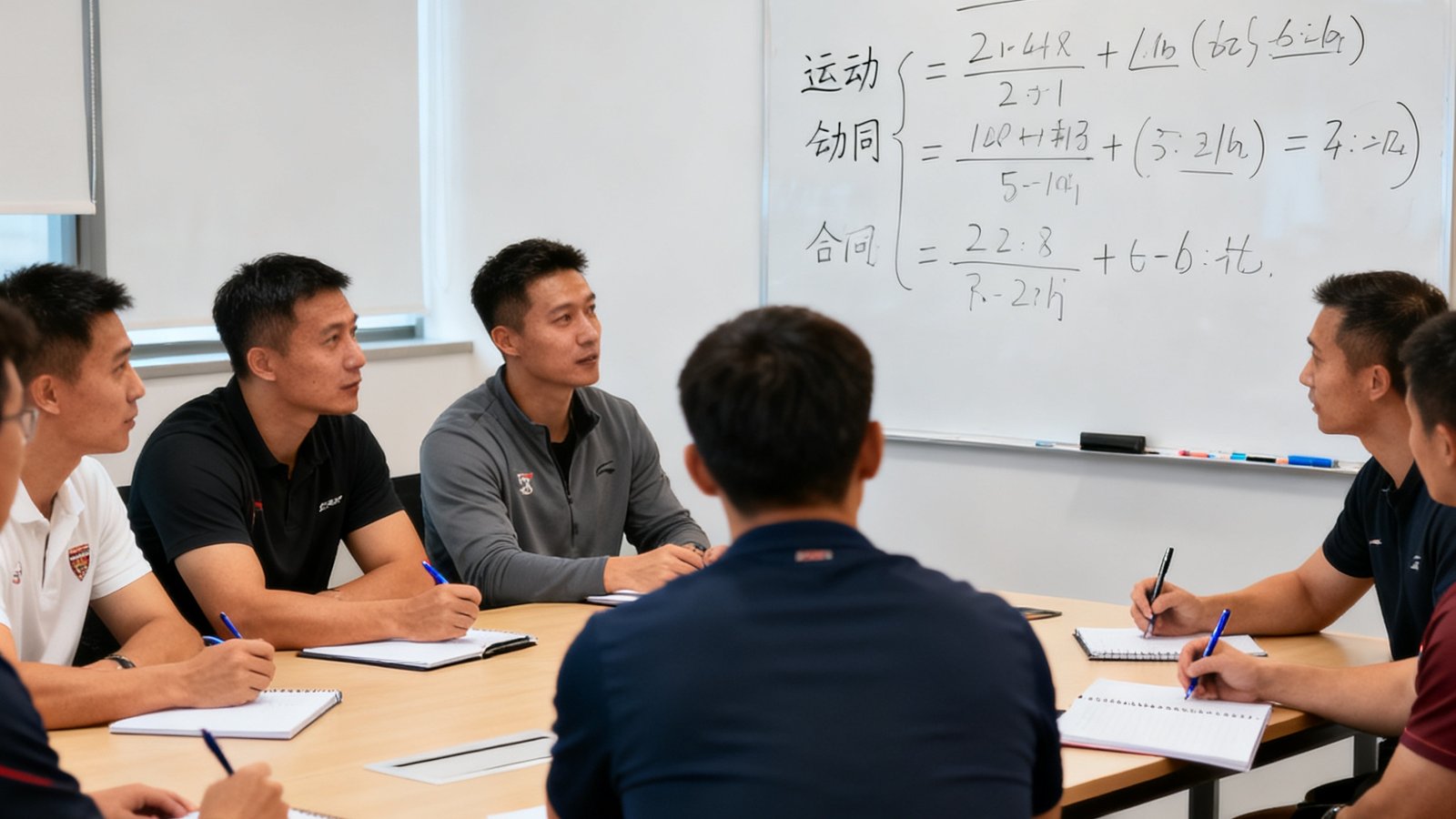 培训教室内学员分组讨论运动员商业合同案例，白板上写满估值公式，氛围专注