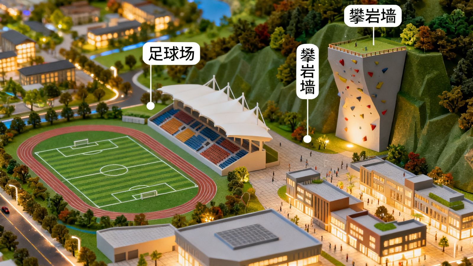 体育小镇整体规划沙盘，包含足球场、攀岩墙与商业街区模型，展示咨询策划成果