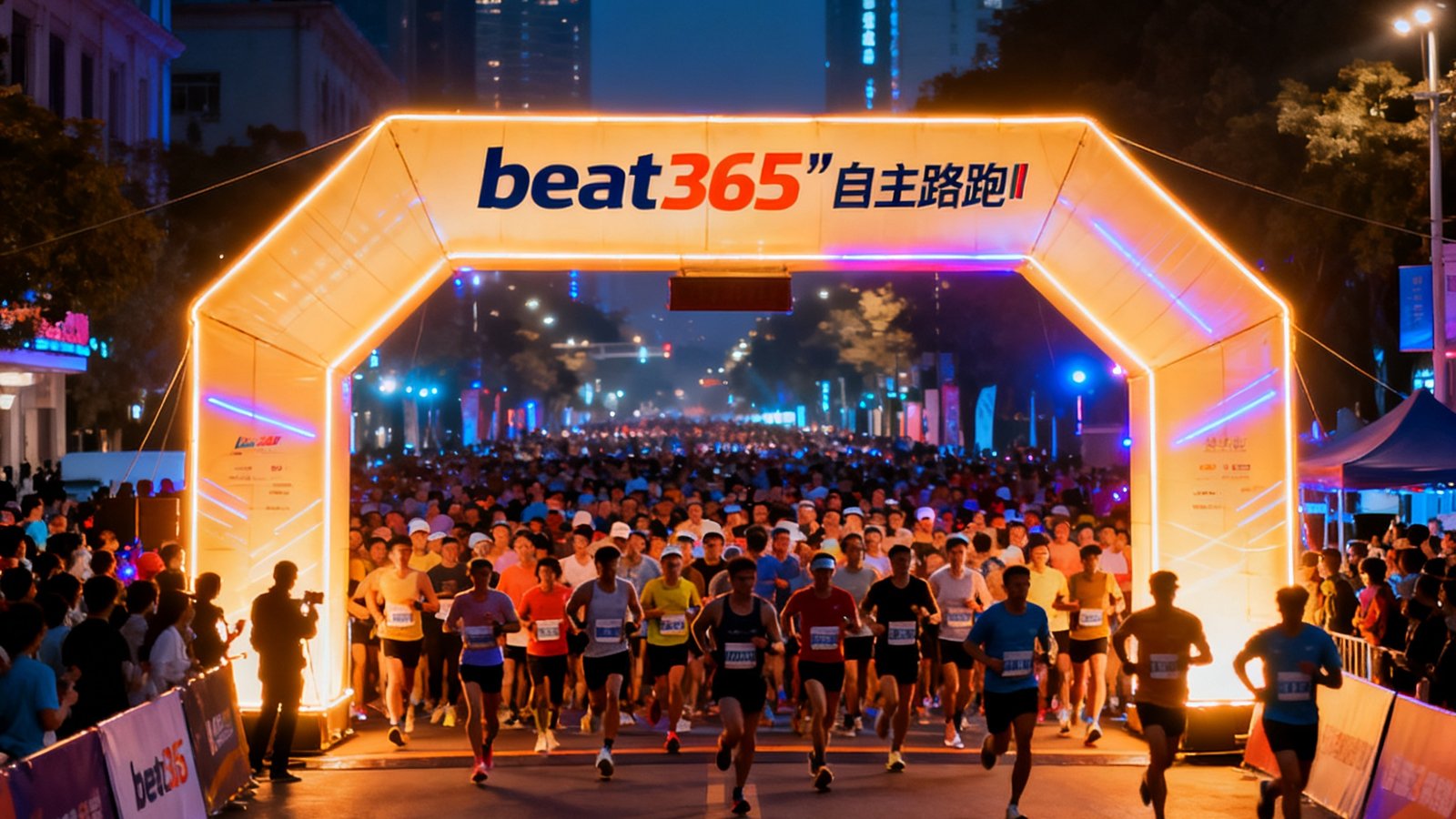 夜晚城市街道上，数千名跑者聚集在发光拱门下等待起跑，赛事灯光绚丽，展现beat365自主路跑IP现场