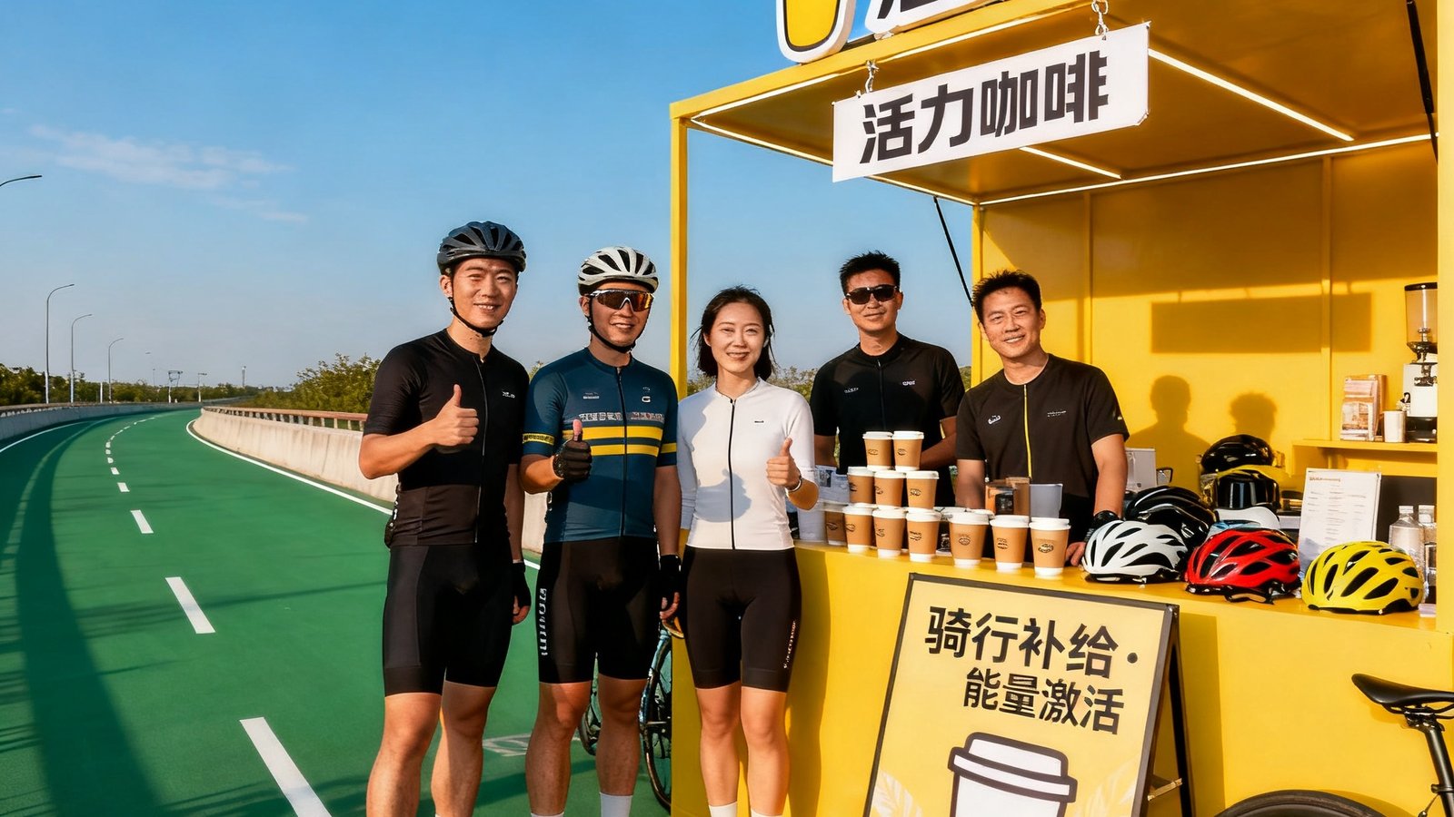 户外骑行道旁搭建的咖啡品牌快闪补给站，运动员与消费者正在合影，展示体育营销场景化激活