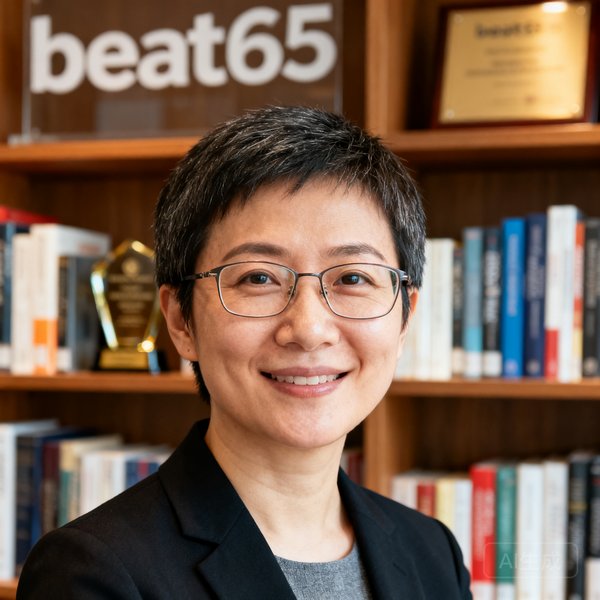 beat365首席执行官周庭，短发戴眼镜，背景为公司书架，展现专业与亲和力
