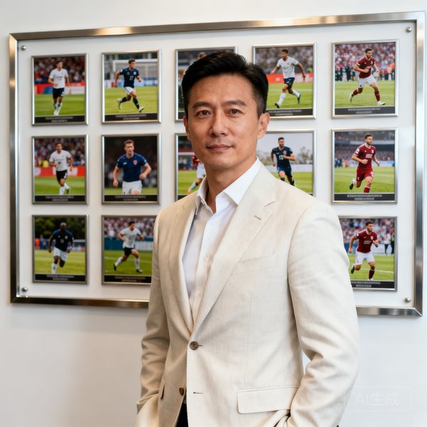 运动员经纪总监林曼，身穿浅色西装，背景为签约运动员照片墙，体现职业干练