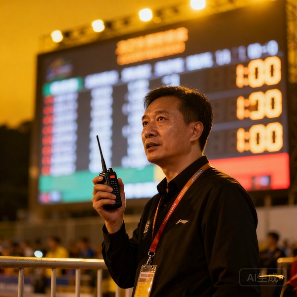 赛事总监陈竞手持对讲机在赛事现场，背景为大型计时器，展现临场指挥状态
