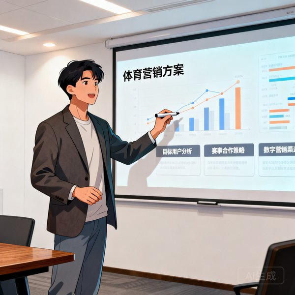 策略长苏若在会议室白板前讲解体育营销方案，穿着休闲西装，展现策略思维